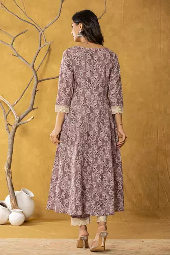  purple lace-work cotton anarkali kurta & trouser dupatta set