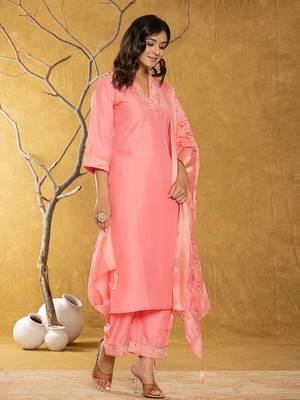  pink silk blend pakistani style kurta dupatta set 2