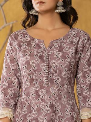  purple lace-work cotton anarkali kurta & trouser dupatta set 4