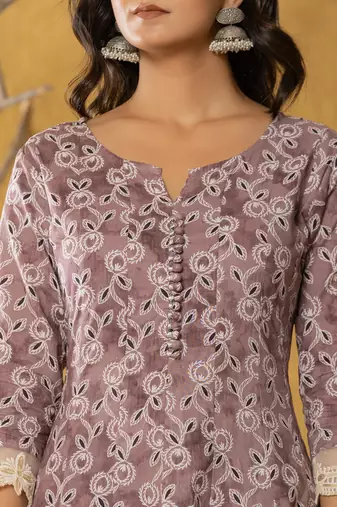  purple lace-work cotton anarkali kurta & trouser dupatta set
