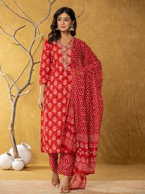  red cotton zari work straight kurta dupatta set 1