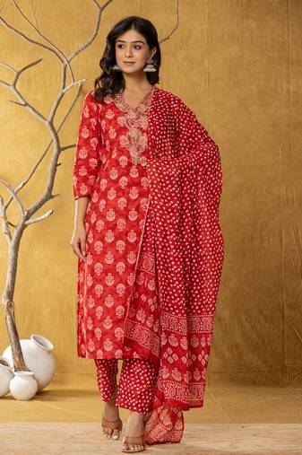  red cotton zari work straight kurta dupatta set