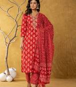  red cotton zari work straight kurta dupatta set