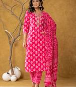  pink cotton zari work straight kurta dupatta set