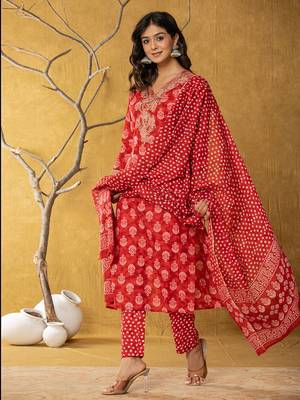  red cotton zari work straight kurta dupatta set 2