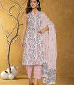  cotton white floral print kurta dupatta set