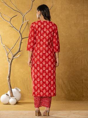  red cotton zari work straight kurta dupatta set 3