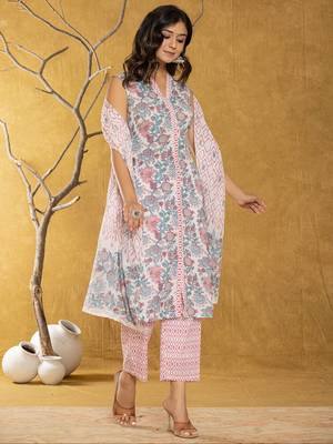  cotton white floral print kurta dupatta set 2
