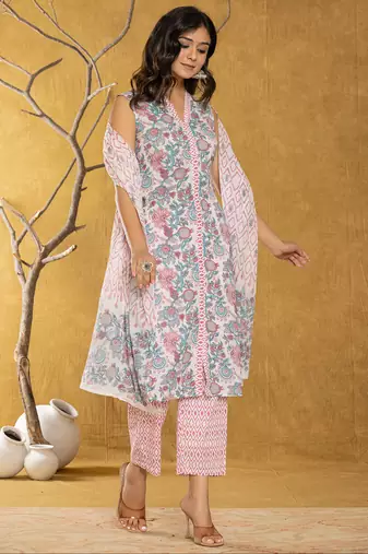 cotton white floral print kurta dupatta set