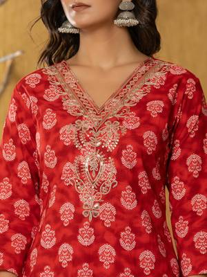  red cotton zari work straight kurta dupatta set 4
