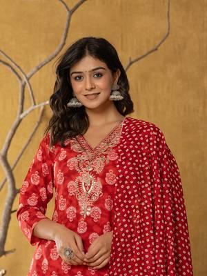  red cotton zari work straight kurta dupatta set 5