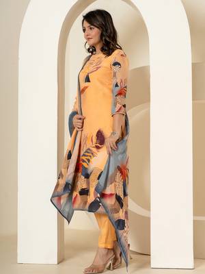 orange pure crepe placement print kurta dupatta set 2