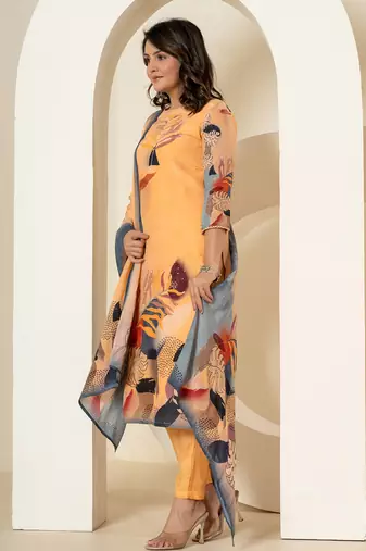 orange pure crepe placement print kurta dupatta set