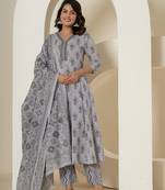  grey cotton ethnic motifs kurta duppta set