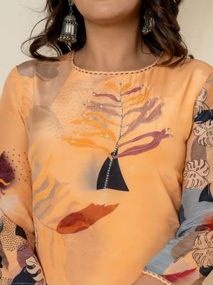 orange pure crepe placement print kurta dupatta set 4