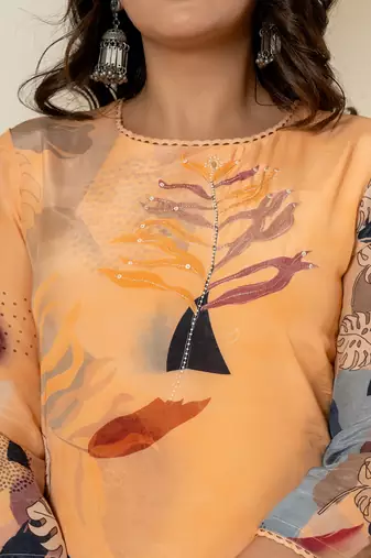 orange pure crepe placement print kurta dupatta set