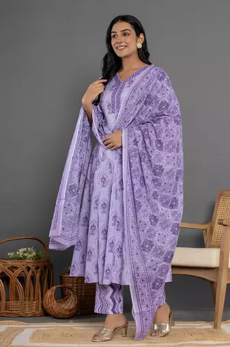  purple cotton ethnic motifs kurta duppta set