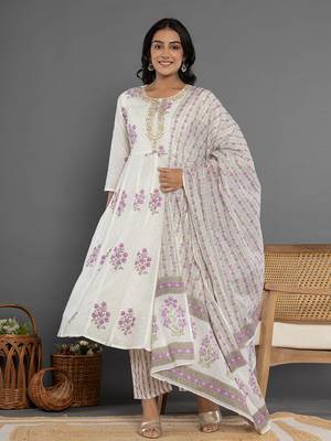  purple & white gota patti cotton anarkali kurta dupatta pant set 1