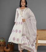  purple & white gota patti cotton anarkali kurta dupatta pant set