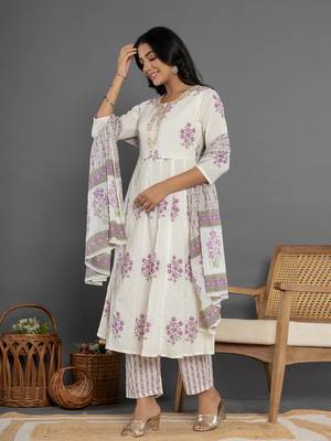  purple & white gota patti cotton anarkali kurta dupatta pant set 2