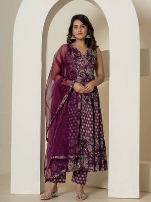  purple pure cotton fit and flare tiered kurta trouser & dupatta set 1