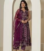  purple pure cotton fit and flare tiered kurta trouser & dupatta set
