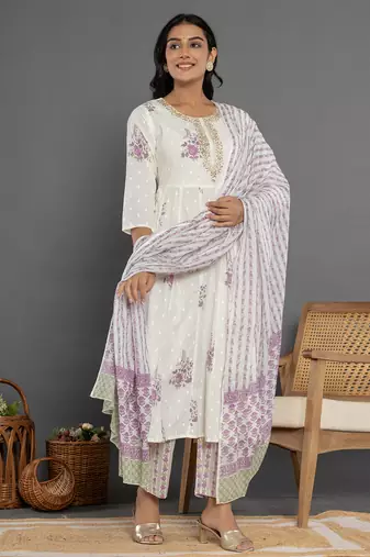 purple gota patti cotton anarkali kurta dupatta pant set