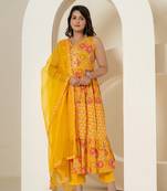  yellow pure cotton fit and flare tiered kurta trouser & dupatta set