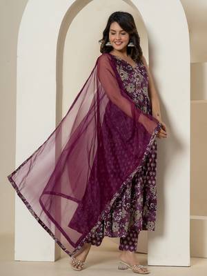  purple pure cotton fit and flare tiered kurta trouser & dupatta set 2