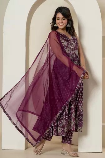  purple pure cotton fit and flare tiered kurta trouser & dupatta set