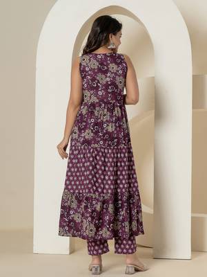  purple pure cotton fit and flare tiered kurta trouser & dupatta set 3