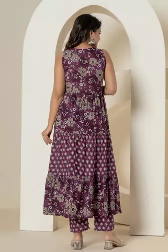  purple pure cotton fit and flare tiered kurta trouser & dupatta set