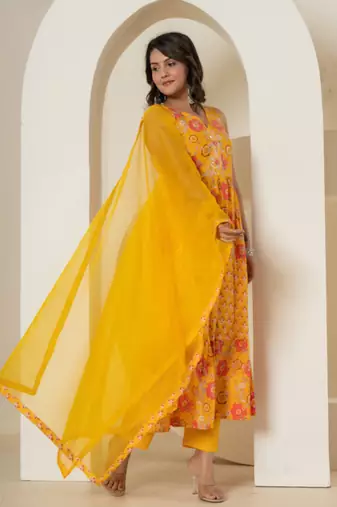  yellow pure cotton fit and flare tiered kurta trouser & dupatta set