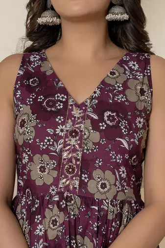  purple pure cotton fit and flare tiered kurta trouser & dupatta set