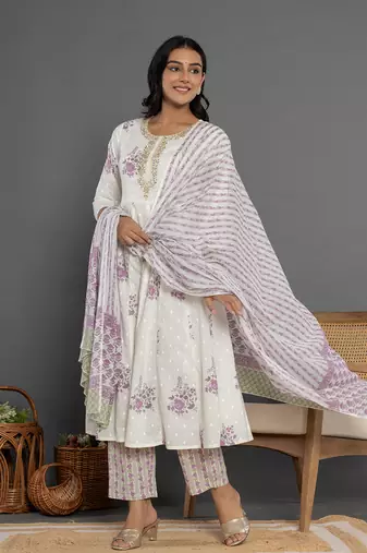 purple gota patti cotton anarkali kurta dupatta pant set