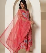  pink pure cotton fit and flare tiered kurta trouser & dupatta set