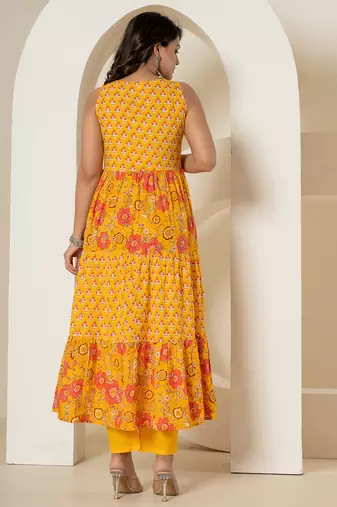 yellow pure cotton fit and flare tiered kurta trouser & dupatta set