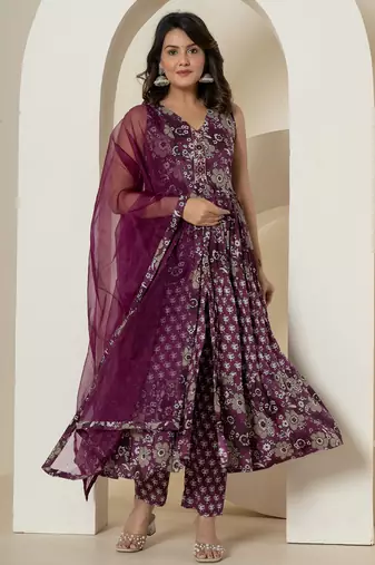  purple pure cotton fit and flare tiered kurta trouser & dupatta set