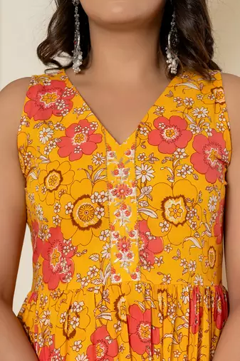  yellow pure cotton fit and flare tiered kurta trouser & dupatta set
