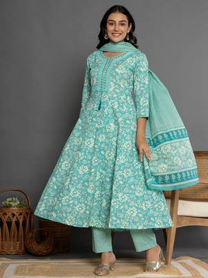 sea green mirror work cotton anarkali kurta duppta set 1