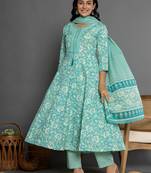  sea green mirror work cotton anarkali kurta duppta set