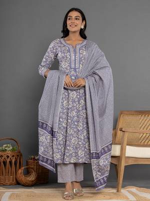 purple mirror work cotton anarkali kurta duppta set 1
