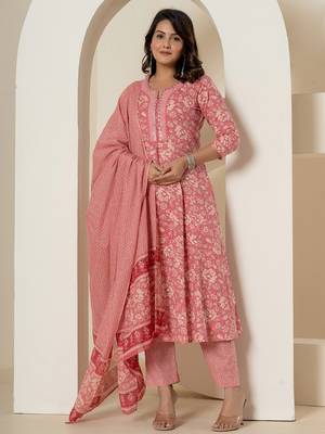  pink mirror work cotton anarkali kurta duppta set 1