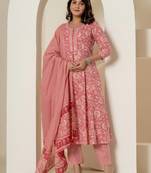  pink mirror work cotton anarkali kurta duppta set