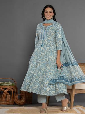  blue mirror work cotton anarkali kurta duppta set 1