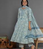  blue mirror work cotton anarkali kurta duppta set