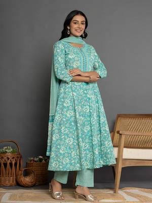  sea green mirror work cotton anarkali kurta duppta set 2