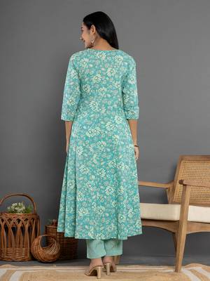  sea green mirror work cotton anarkali kurta duppta set 3