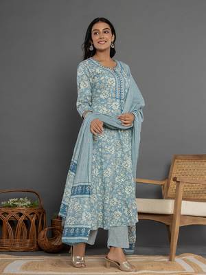  blue mirror work cotton anarkali kurta duppta set 2