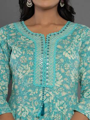  sea green mirror work cotton anarkali kurta duppta set 4
